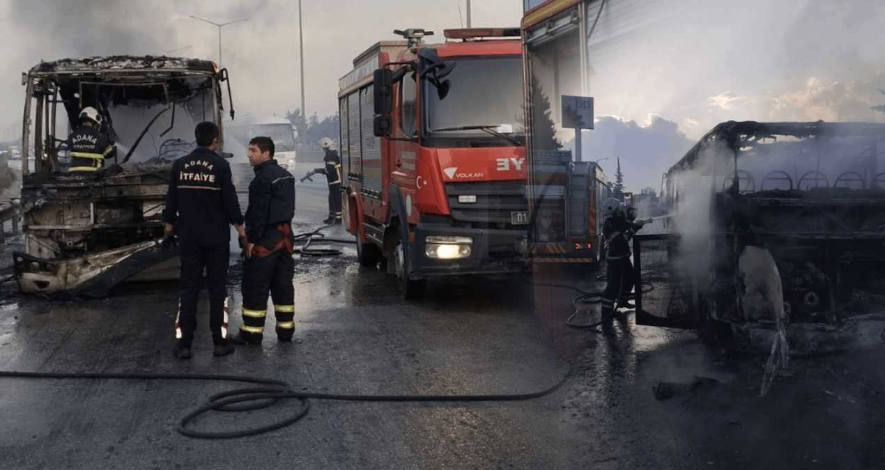 Adana’da seyir halindeki halk otobüsü yandı